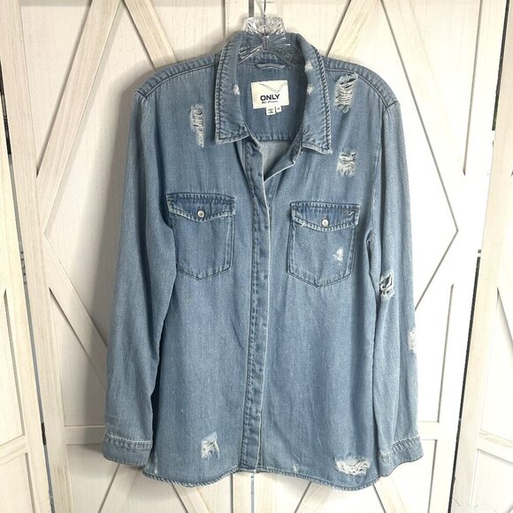 ONLY Blue Denim Milton Destroyed Button Down Shirt - Picture 1 of 4